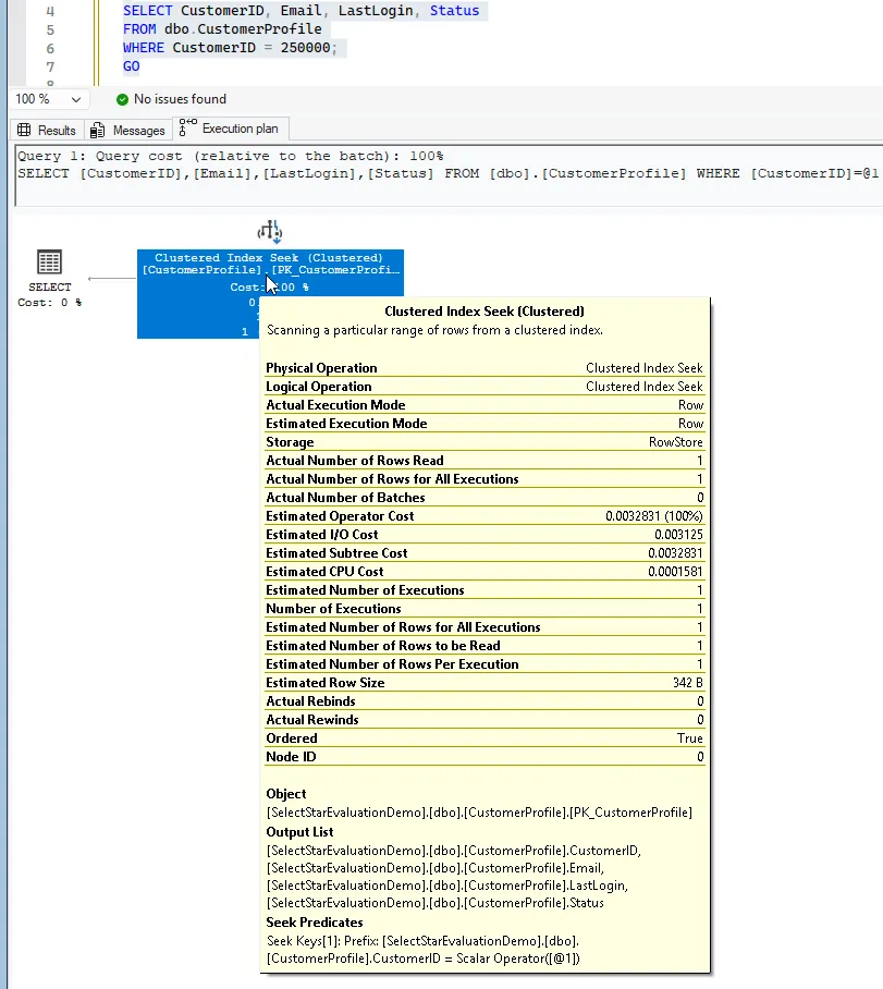 Execution plan properties for narrow projection (estimated row size 342 B)