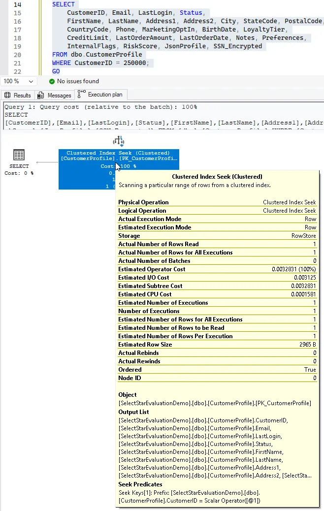 Execution plan properties for explicit full projection (estimated row size 2965 B)