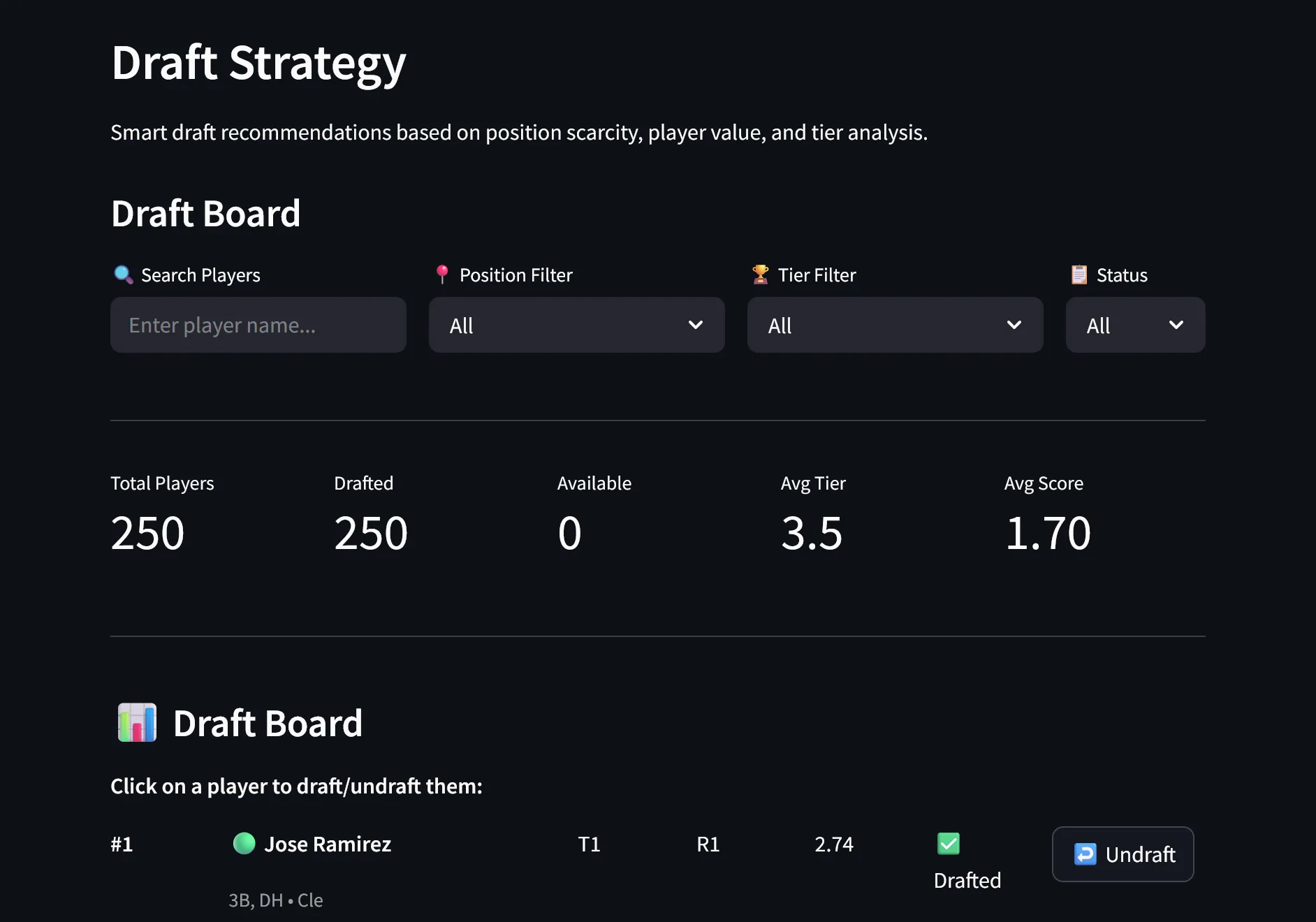 screenshot: Draft board with tiers and tracking
