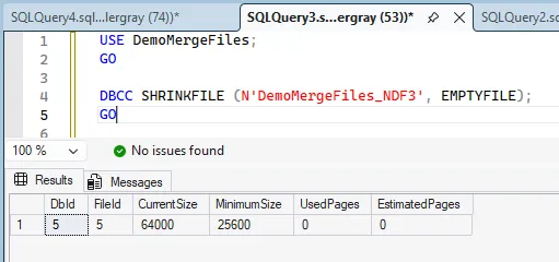 SQL Server Management Studio showing the successful completion of the DBCC SHRINKFILE command with EMPTYFILE option