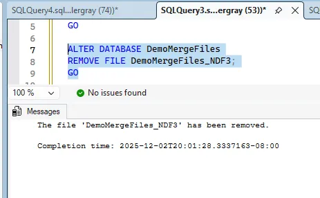 SQL Server Management Studio showing the successful completion of the ALTER DATABASE REMOVE FILE command