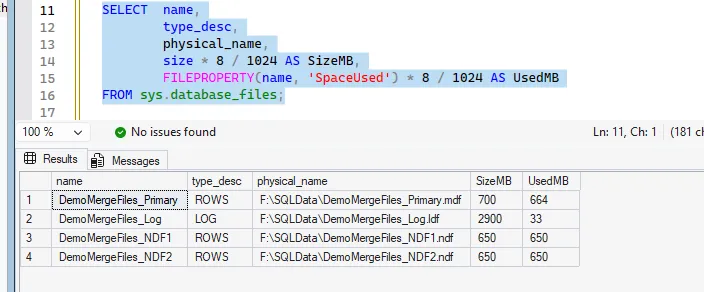 Query results showing the updated file layout after removing NDF files, now displaying only the remaining data files with their size and space used
